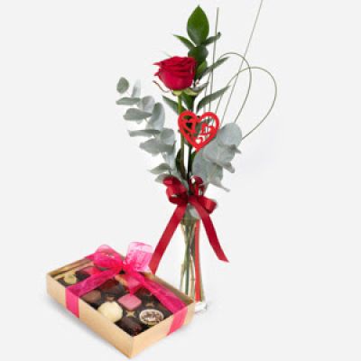 A Little Treasure and Chocolates - Leave a lasting impression with this single red rose, presented in a glass vase. Handmade & hand-delivered with chocolates to the one you treasure.